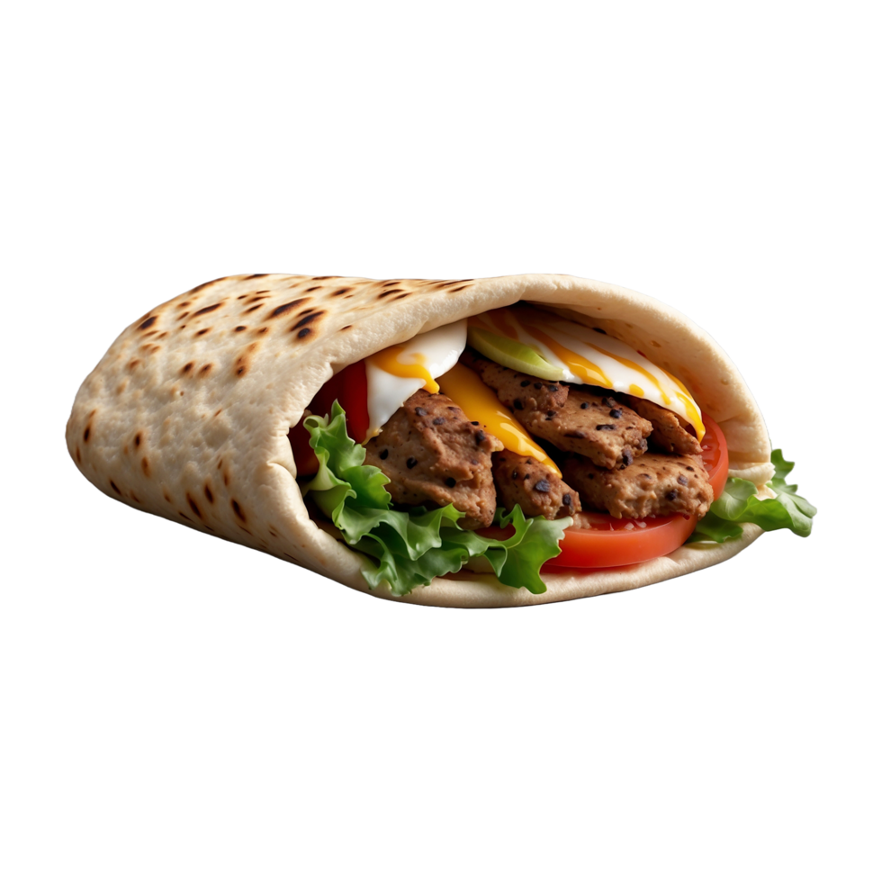 Delicious Greek gyros wrapped in pita bread. Shawarma grilled pita. With fresh meat and vegetables Isolated On a Transparent Background png