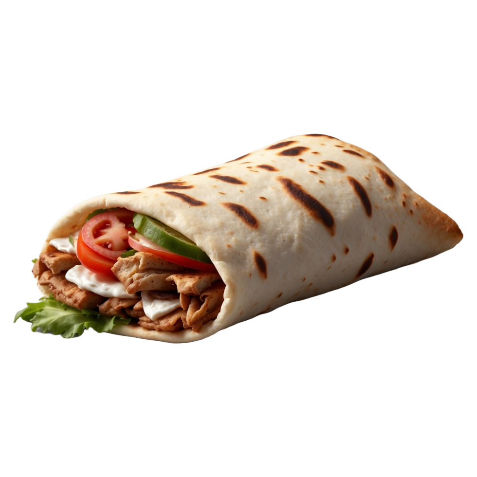 Delicious Greek gyros wrapped in pita bread. Shawarma grilled pita. With fresh meat and vegetables Isolated On a Transparent Background png