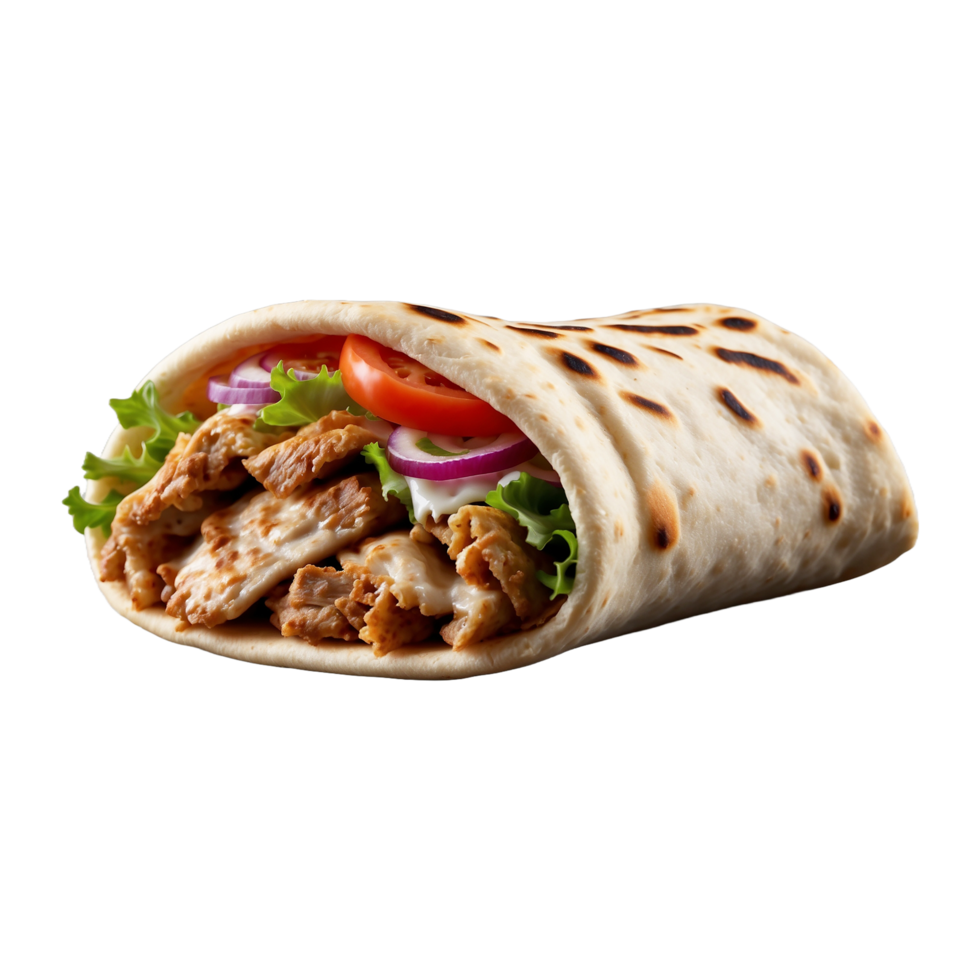 Delicious Greek gyros wrapped in pita bread. Shawarma grilled pita. With fresh meat and vegetables Isolated On a Transparent Background png