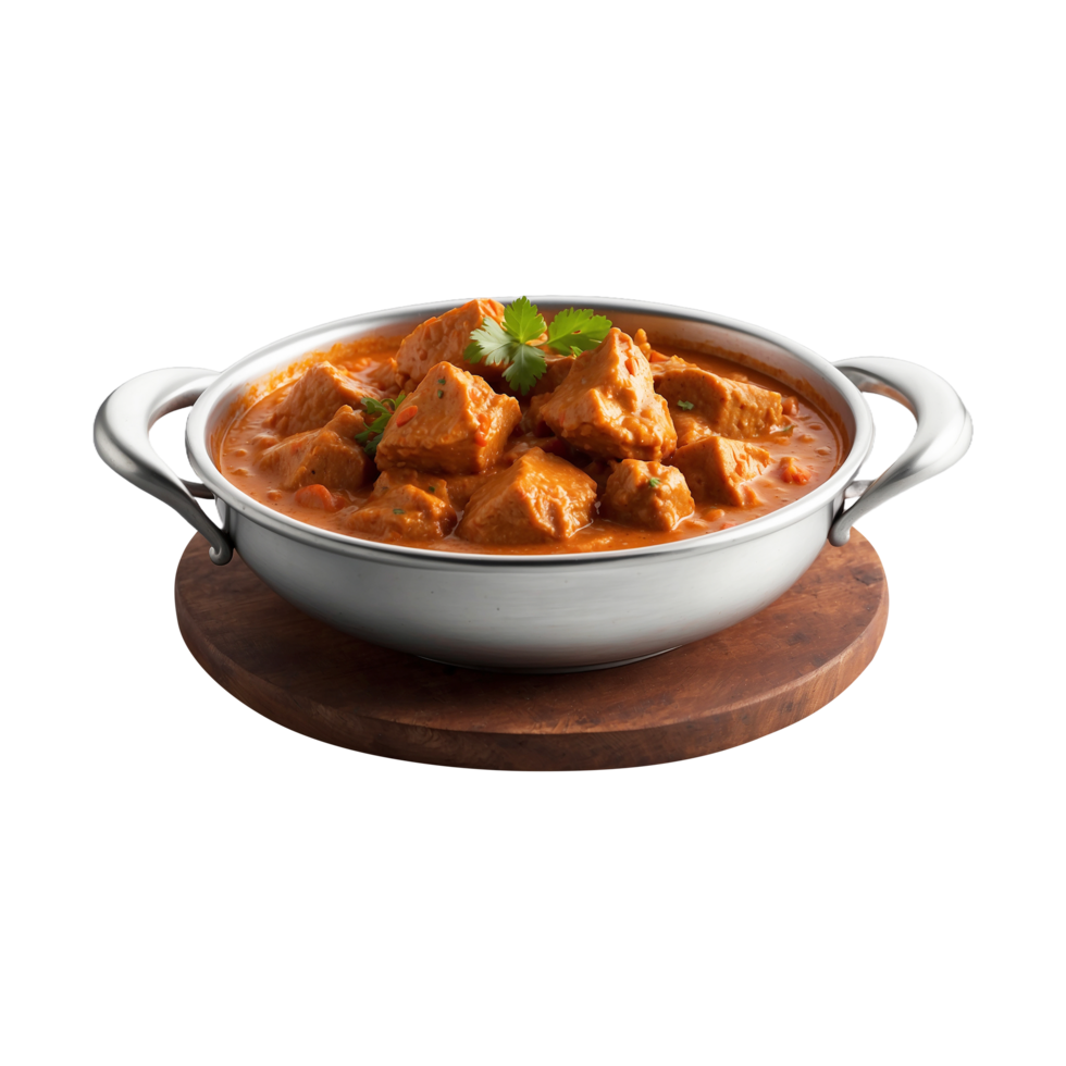 Spicy Full dish of Chicken karahi or kadai korma masala served in dish Isolated On Transparent Background png