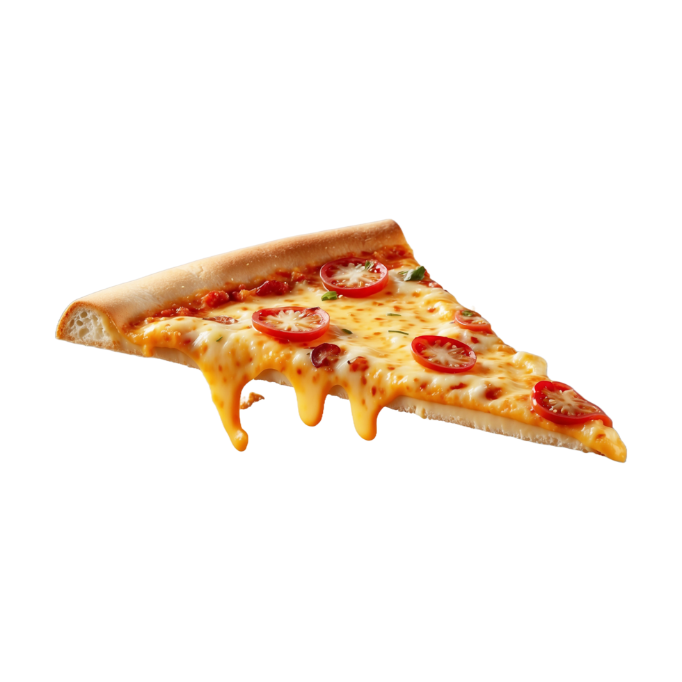 Delicious Ultimate Cheese Hot Spicy slice of Hawaiian pizza flying Isolated On Transparent Background png