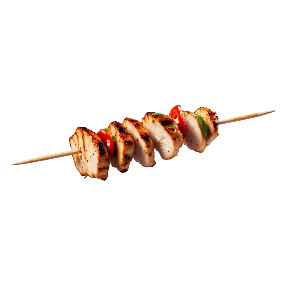 Tasty grilled chicken shish kebab skewer with vegetables isolated On Transparent Background png