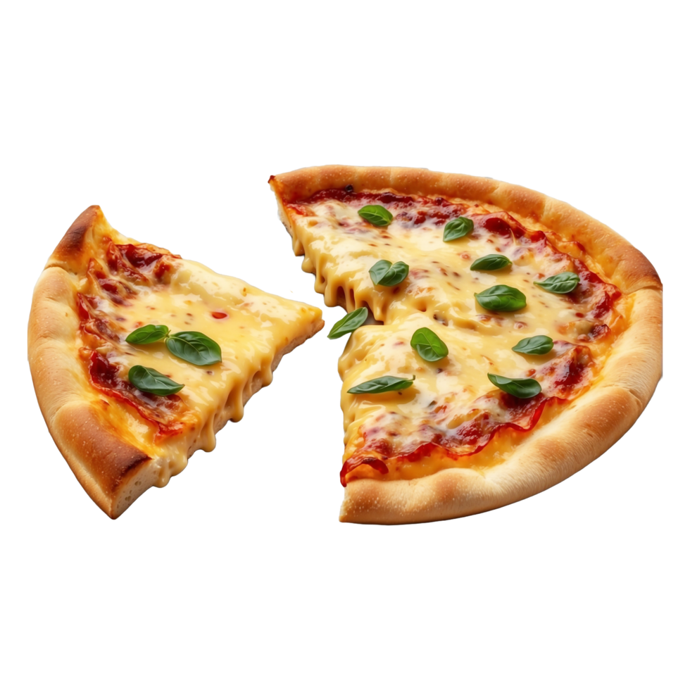 Delicious Ultimate Cheese Hot Spicy slice of Hawaiian pizza flying Isolated On Transparent Background png