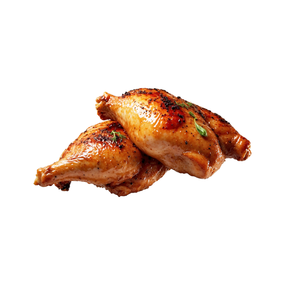 Delicious Spicy Grilled BBQ full Roasted chicken with tomato isolated on a transparent background png