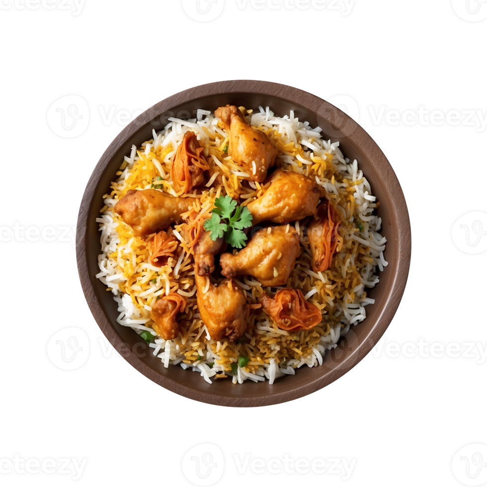 A Hot Delicious bowl of biryani with chicken pieces isolated on a transparent background, Beautiful view of traditional spicy indian food, Iftar meal, Ramadan dinner. png