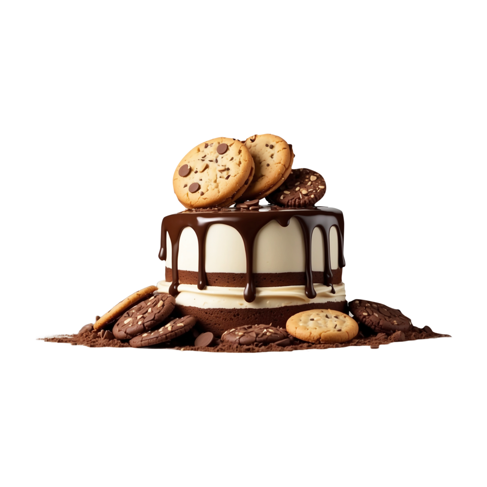 Cake poured with chocolate and decorated with Biscuits Isolated on a transparent background png