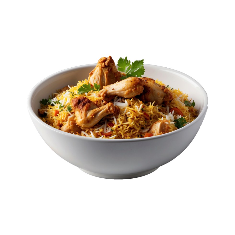 A Hot Delicious bowl of biryani with chicken pieces isolated on a transparent background, Beautiful view of traditional spicy indian food, Iftar meal, Ramadan dinner. png