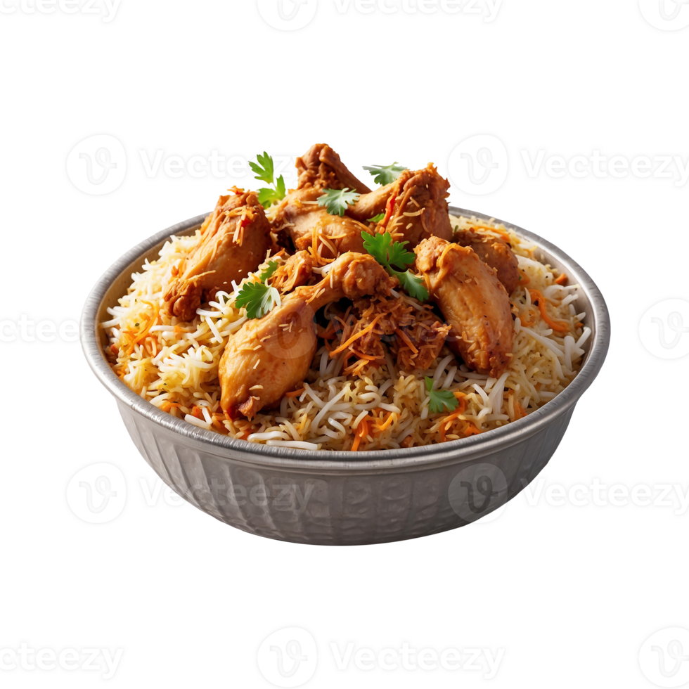 A Hot Delicious bowl of biryani with chicken pieces isolated on a transparent background, Beautiful view of traditional spicy indian food, Iftar meal, Ramadan dinner. png