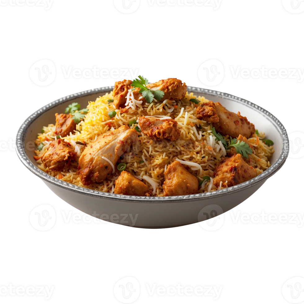 A Hot Delicious bowl of biryani with chicken pieces isolated on a transparent background, Beautiful view of traditional spicy indian food, Iftar meal, Ramadan dinner. png