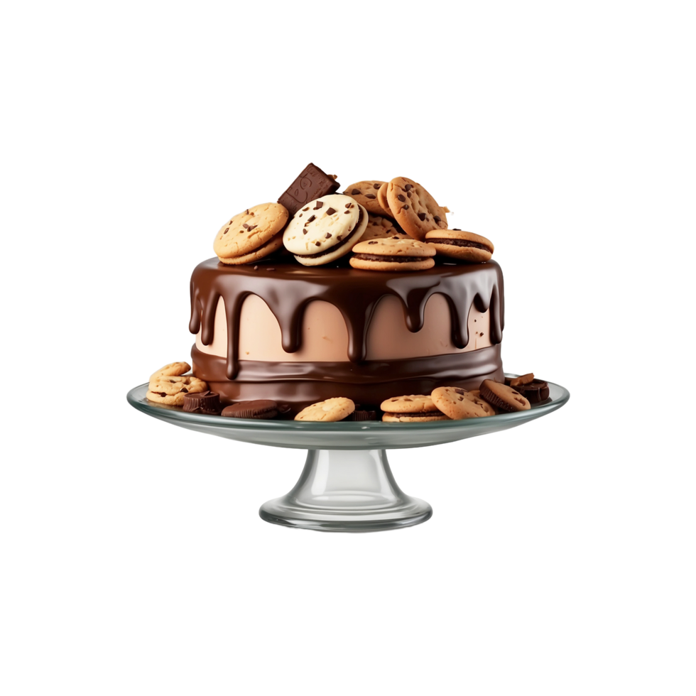 Cake poured with chocolate and decorated with Biscuits Isolated on a transparent background png