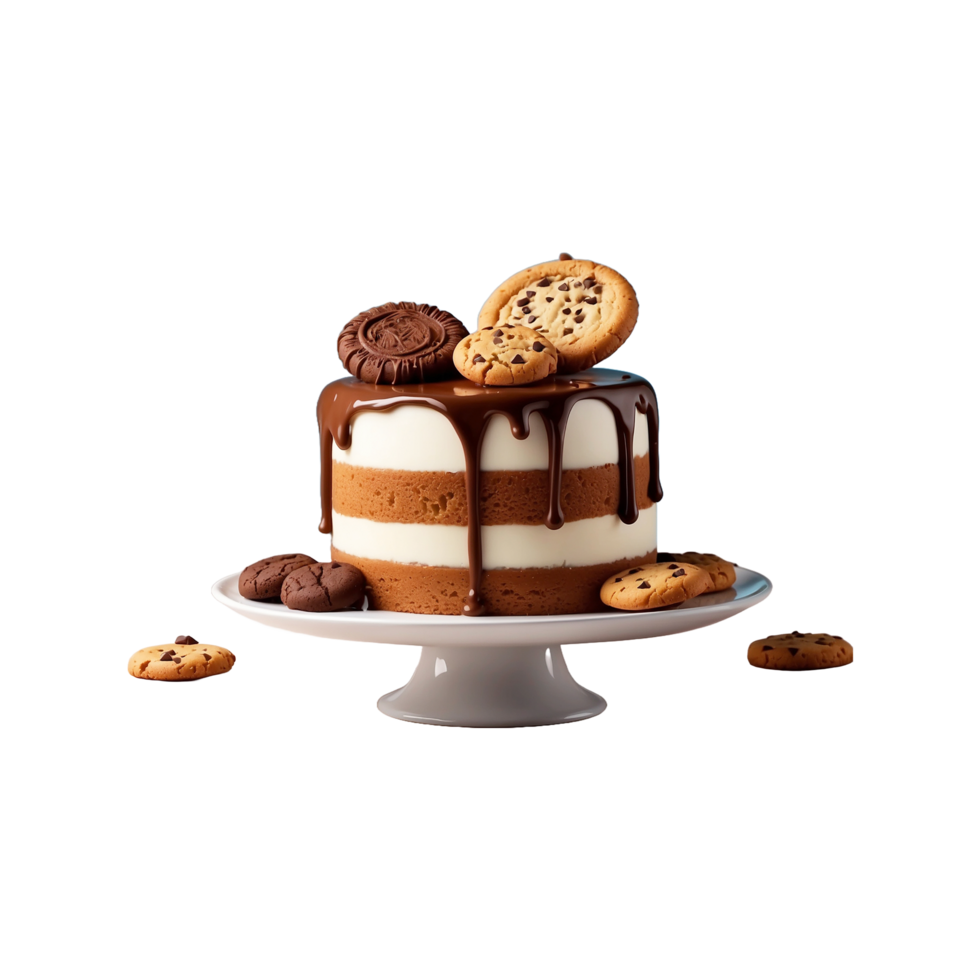 Cake poured with chocolate and decorated with Biscuits Isolated on a transparent background png