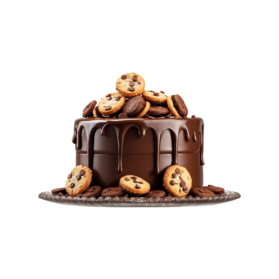 Cake poured with chocolate and decorated with Biscuits Isolated on a transparent background png