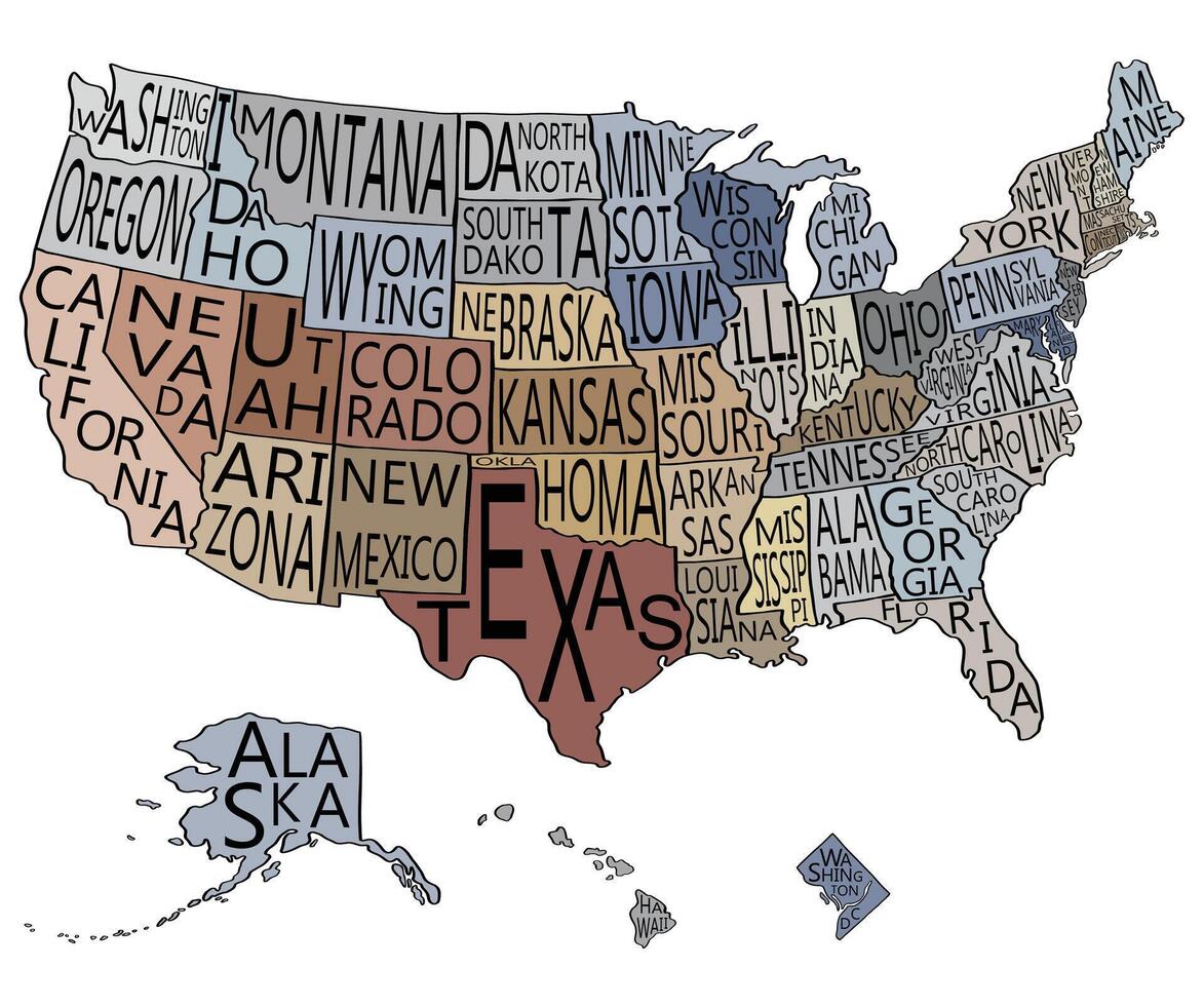 United States of America map with state's name doodle freehand drawing. vector