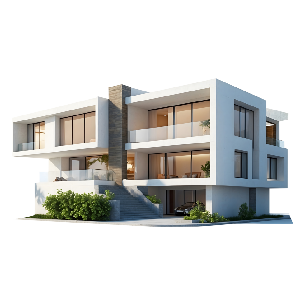 a modern house with a lot of windows on the side isolated on a transparent background png
