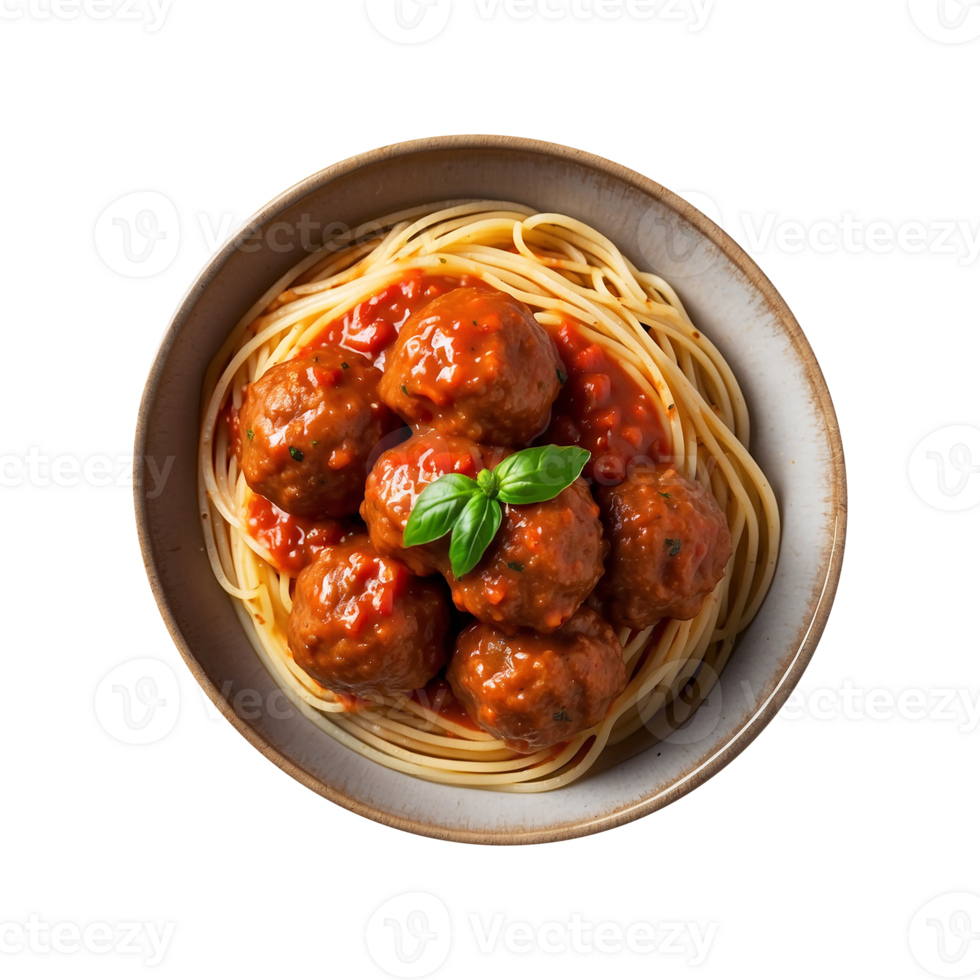 A delicious plate of Spaghetti pasta with tomato sauce, meatballs isolated on a transparent background png