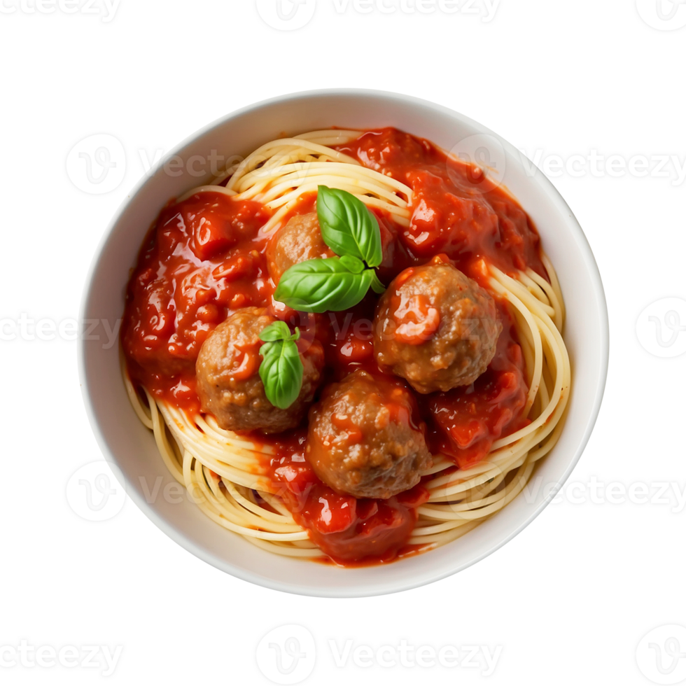 A delicious plate of Spaghetti pasta with tomato sauce, meatballs isolated on a transparent background png