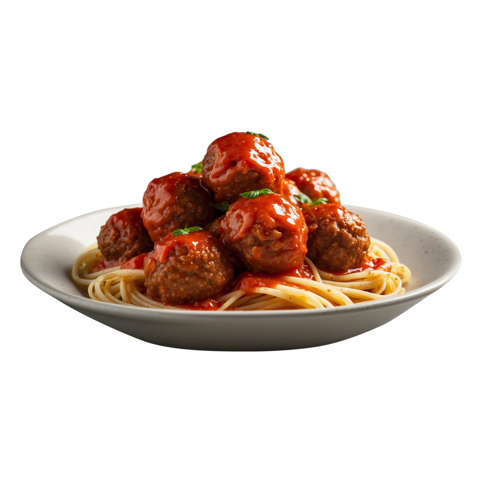 A delicious plate of Spaghetti pasta with tomato sauce, meatballs isolated on a transparent background png
