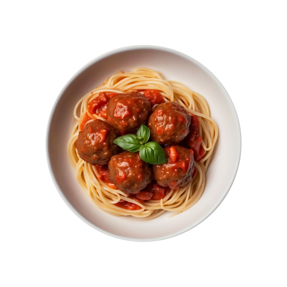 A delicious plate of Spaghetti pasta with tomato sauce, meatballs isolated on a transparent background png