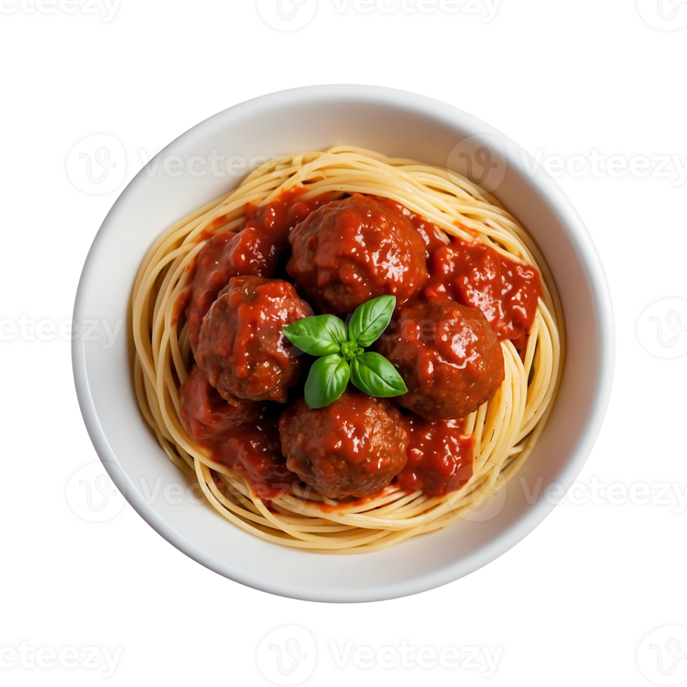 A delicious plate of Spaghetti pasta with tomato sauce, meatballs isolated on a transparent background png