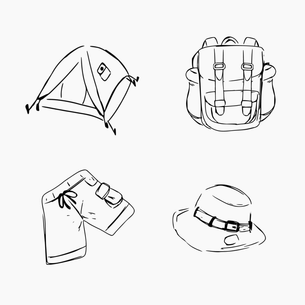 line illustration set of summer travel camping, camp rent, backpack, pant, hat vector