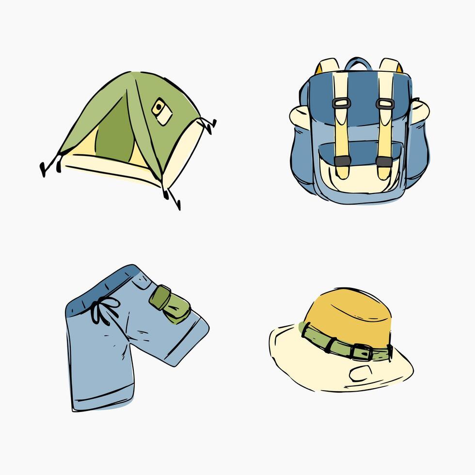 set of summer travel camping, camp rent, backpack, pant, hat vector