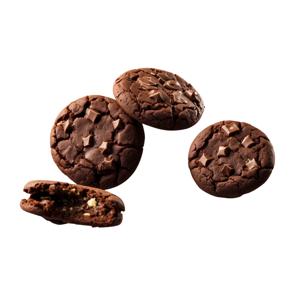 chocolate cookies with nuts and a square of chocolate chips isolated on a transparent background png