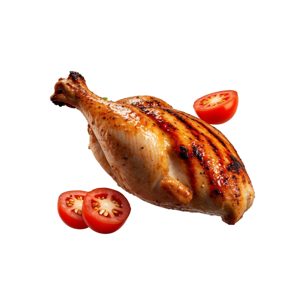 Delicious Spicy Grilled BBQ full Roasted chicken with tomato isolated on a transparent background png