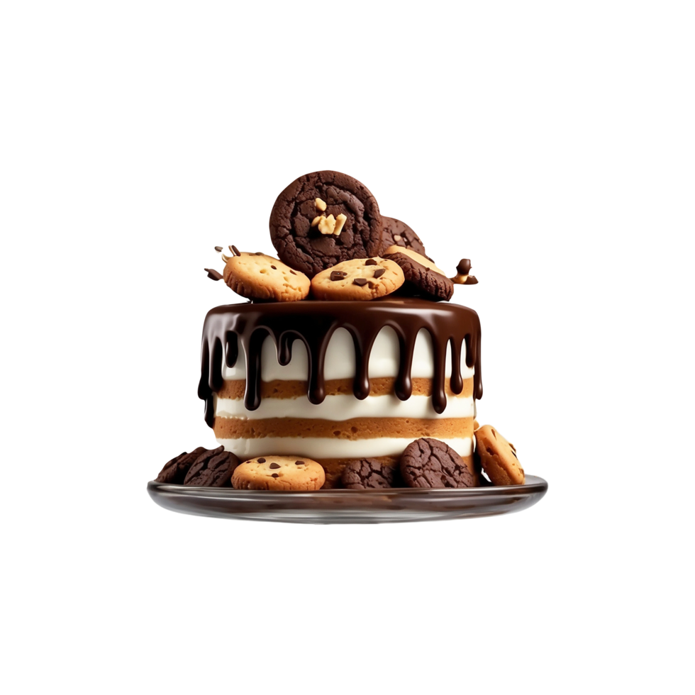 Cake poured with chocolate and decorated with Biscuits Isolated on a transparent background png