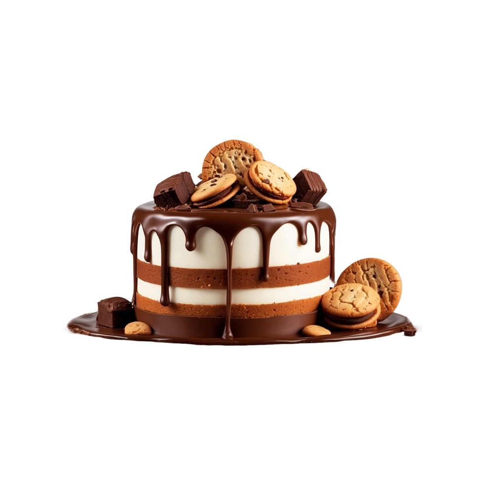 Cake poured with chocolate and decorated with Biscuits Isolated on a transparent background png
