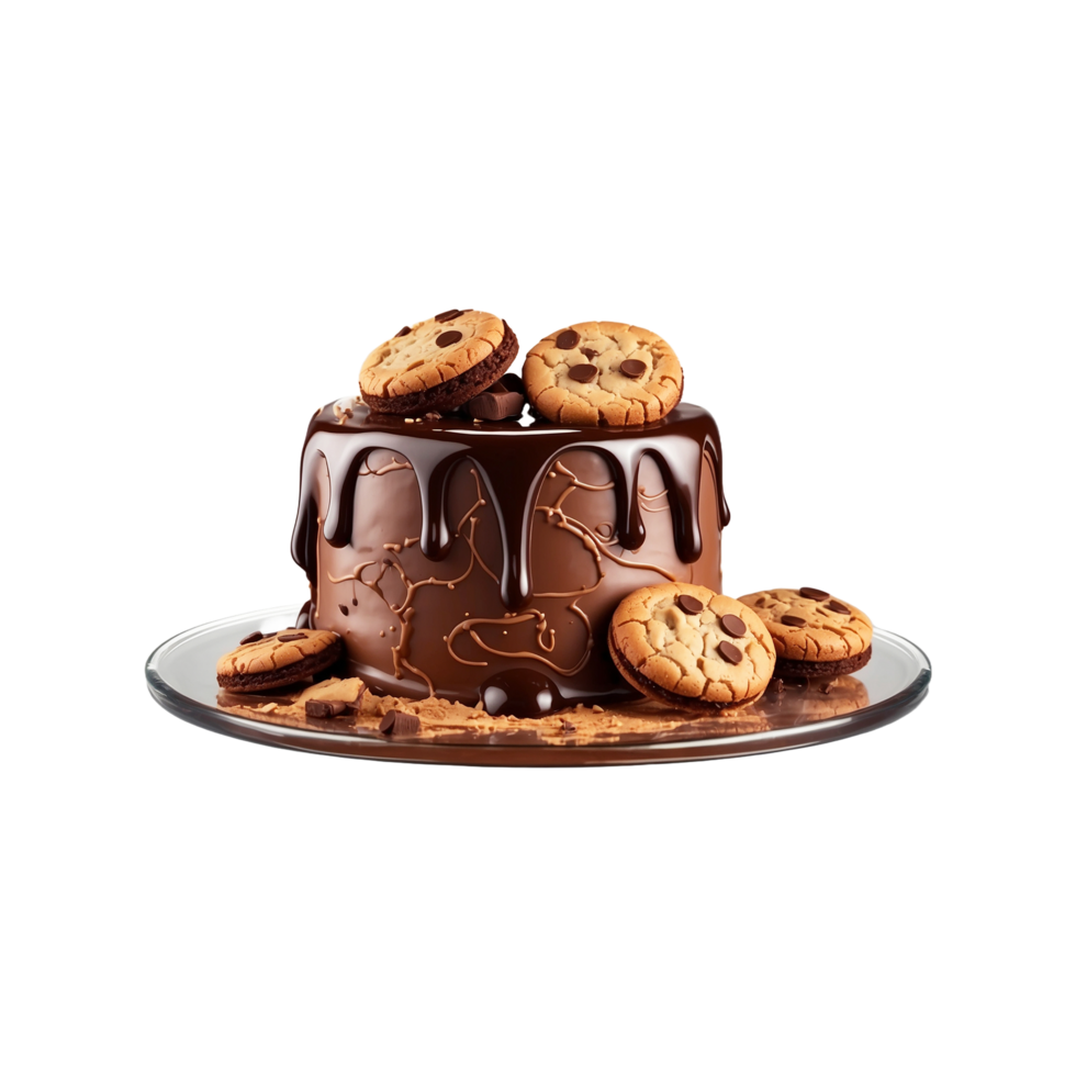 Cake poured with chocolate and decorated with Biscuits Isolated on a transparent background png