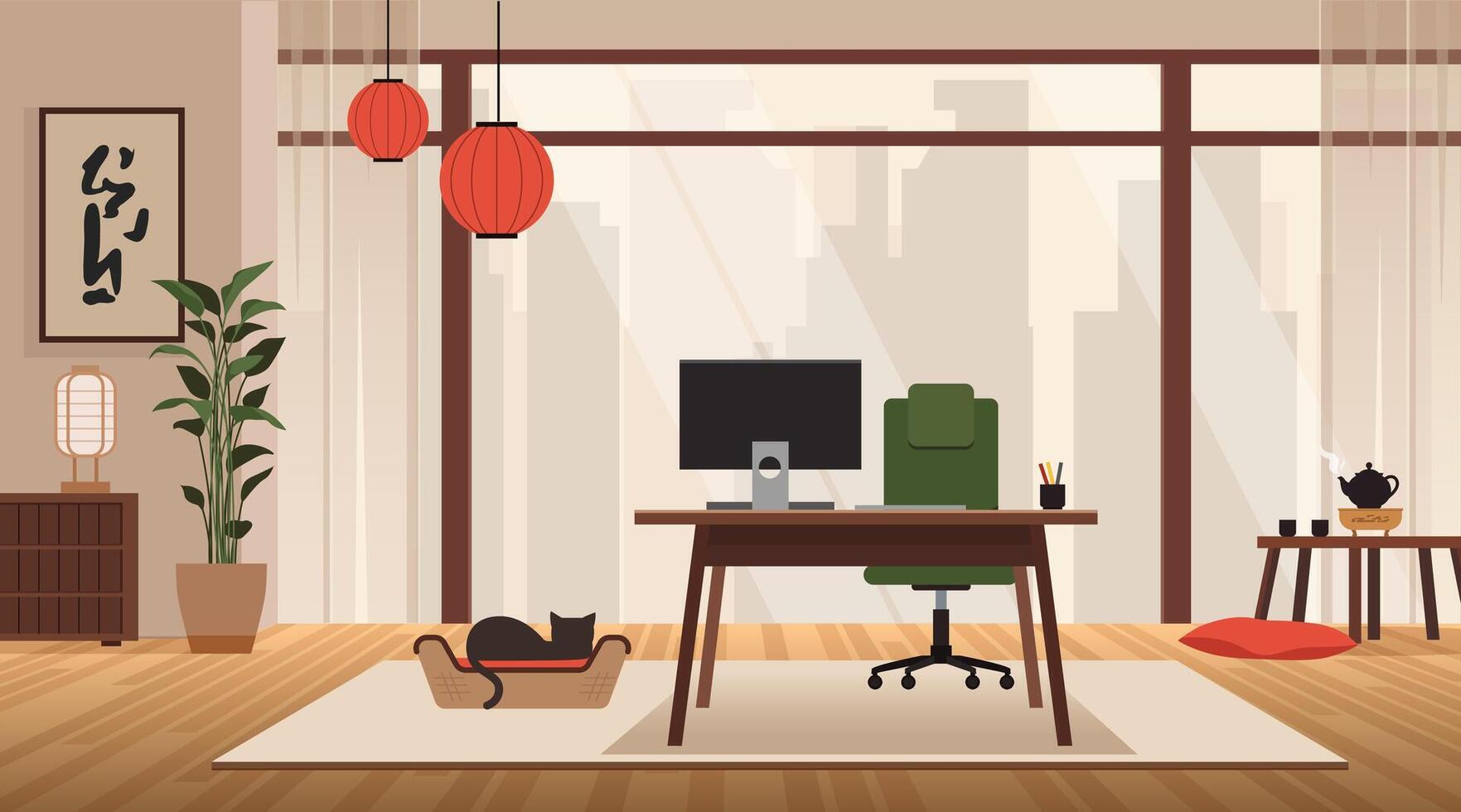 Modern zen home office with big window, home plant, computer and cat. Calm, roductive workplace in asian style with city view and creative atmosphere vector