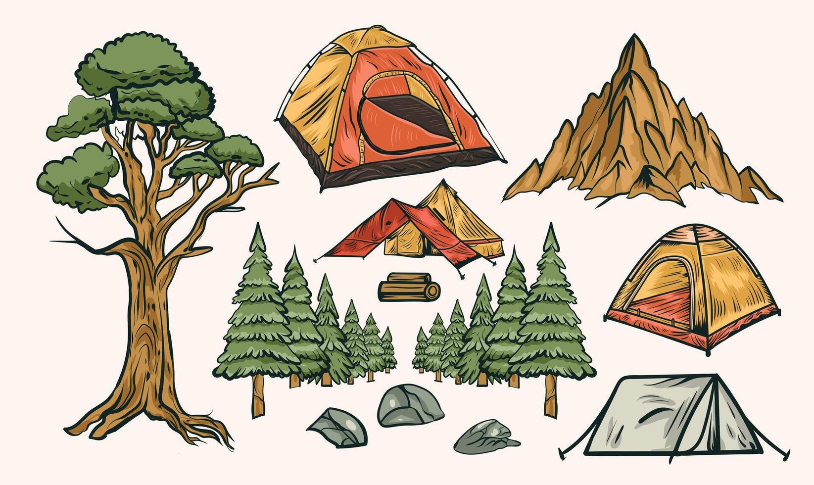 Camping colorful vintage elements concept with tourist tent camp wooden stump logs and tree isolated illustration vector