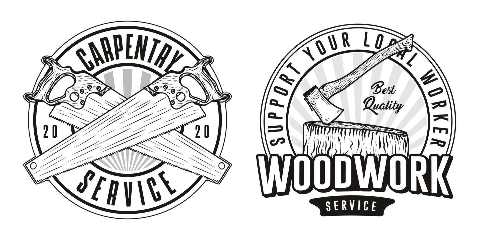 Set of emblems with equipment for wood workshop. Carpenter tool for repair, professional carpentry work and light backgrounds isolated illustration vector