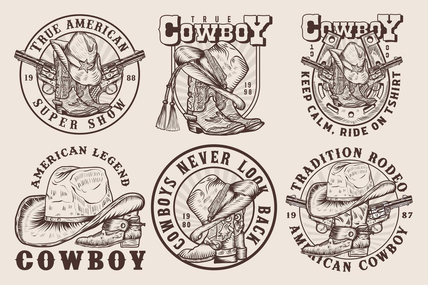 Set of cow boy hand drawn illustrations vector