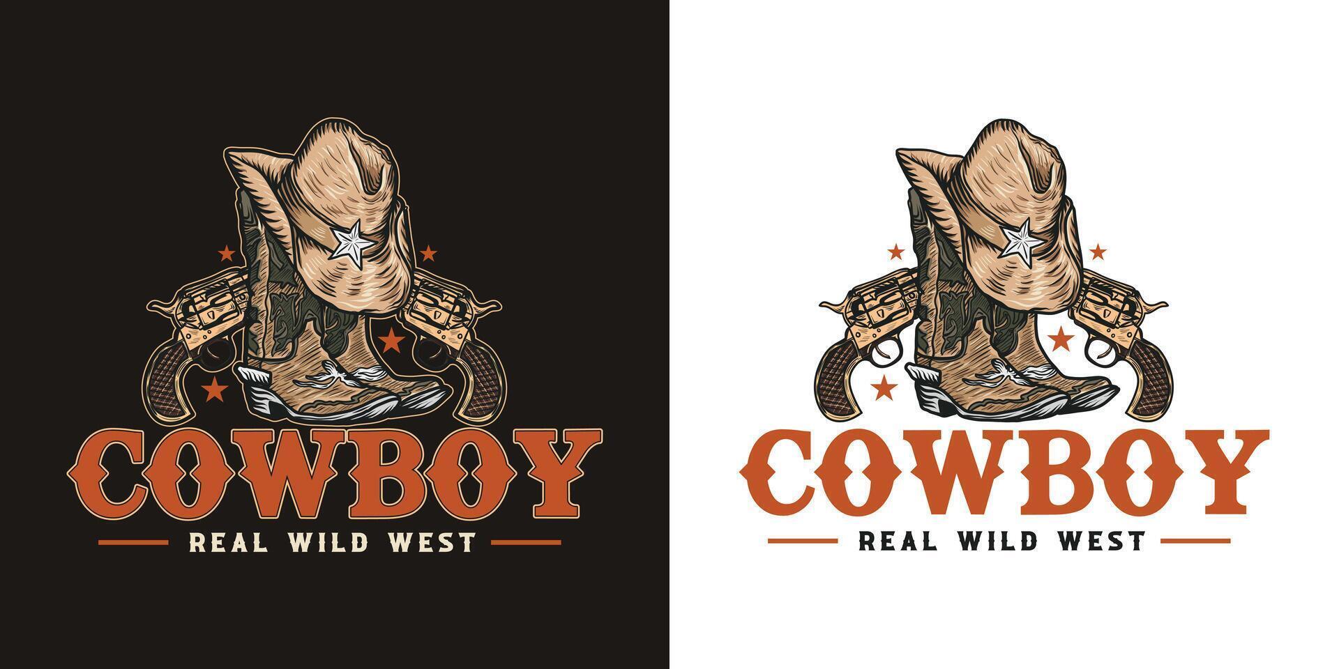 Cowboy Vintage hand drawn Logo design, tshirt design for real wild west vector