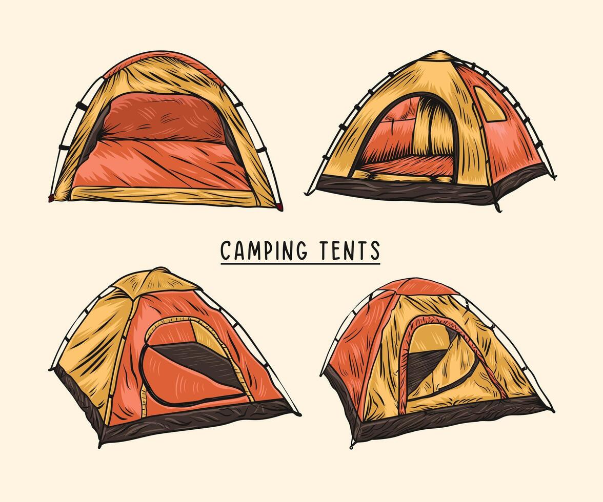 illustration of hand drawn forest camping tent objects set. vector