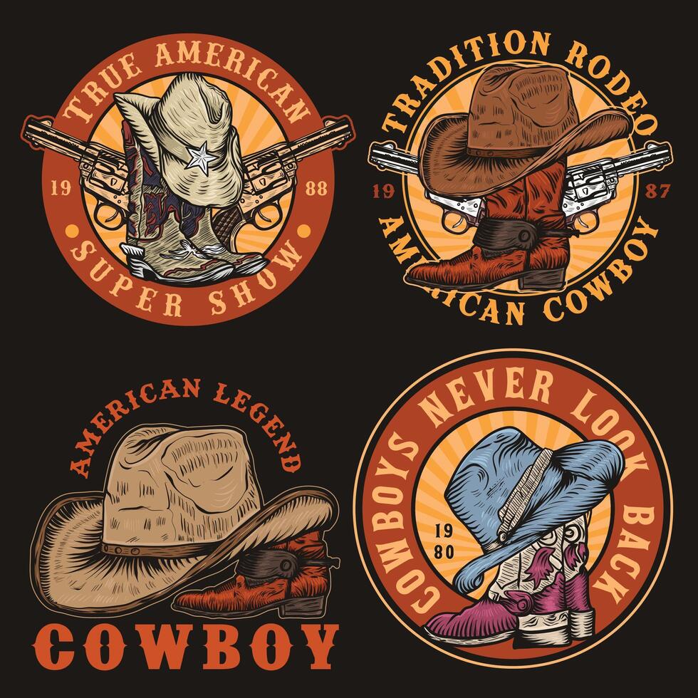 Cowboy vintage hand drawn logo design set. vintage logo emblem. retro logo design illustration vector