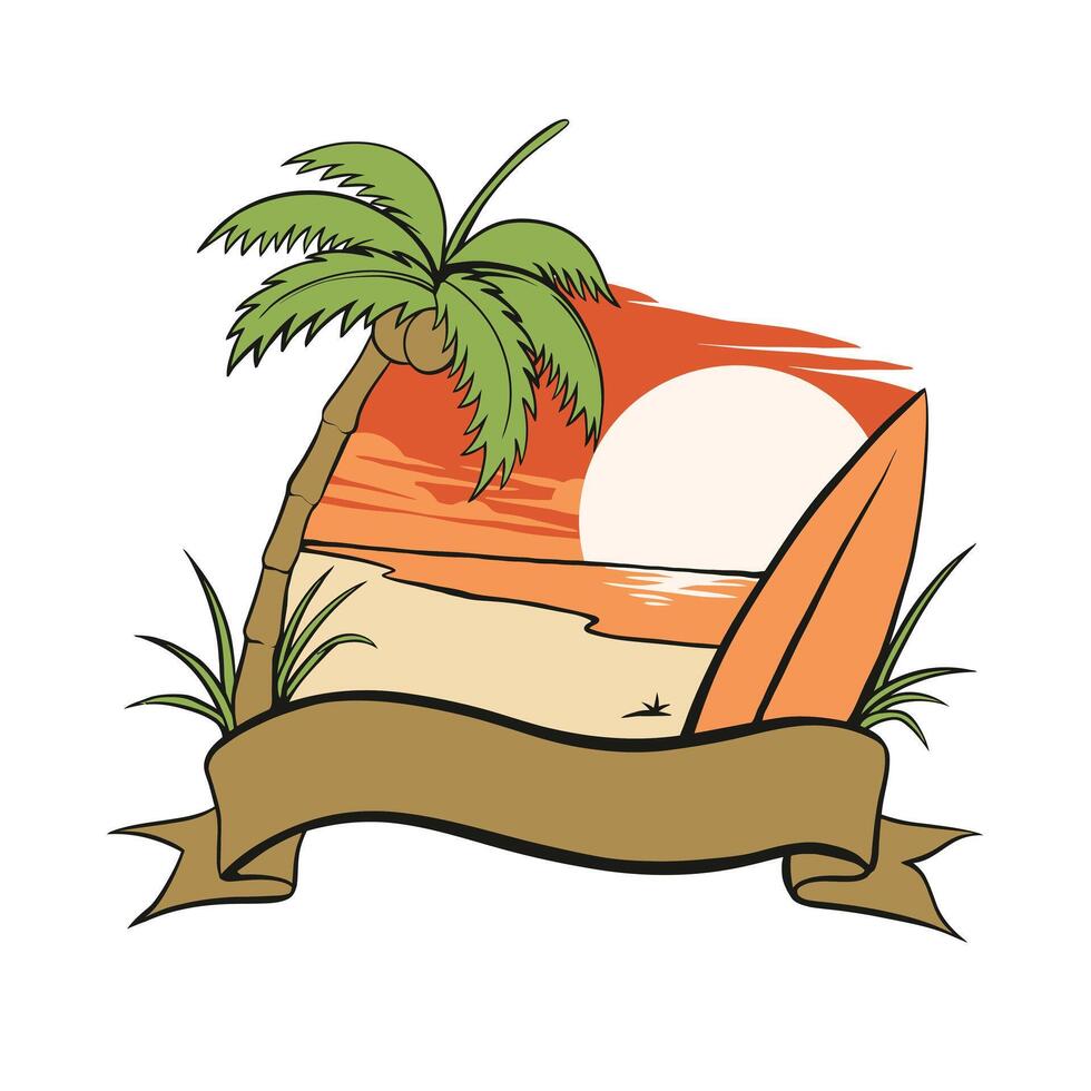 illustration of a beach with a surf board and trees as a frame vector