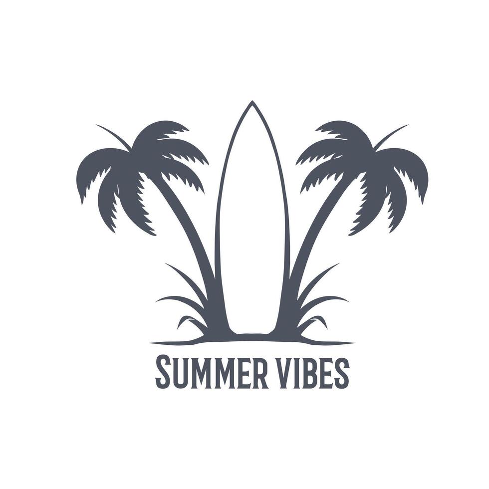 Palm illustration with surfboard. summer vibes. Summer graphic emblem. Design for t-shirt. vector