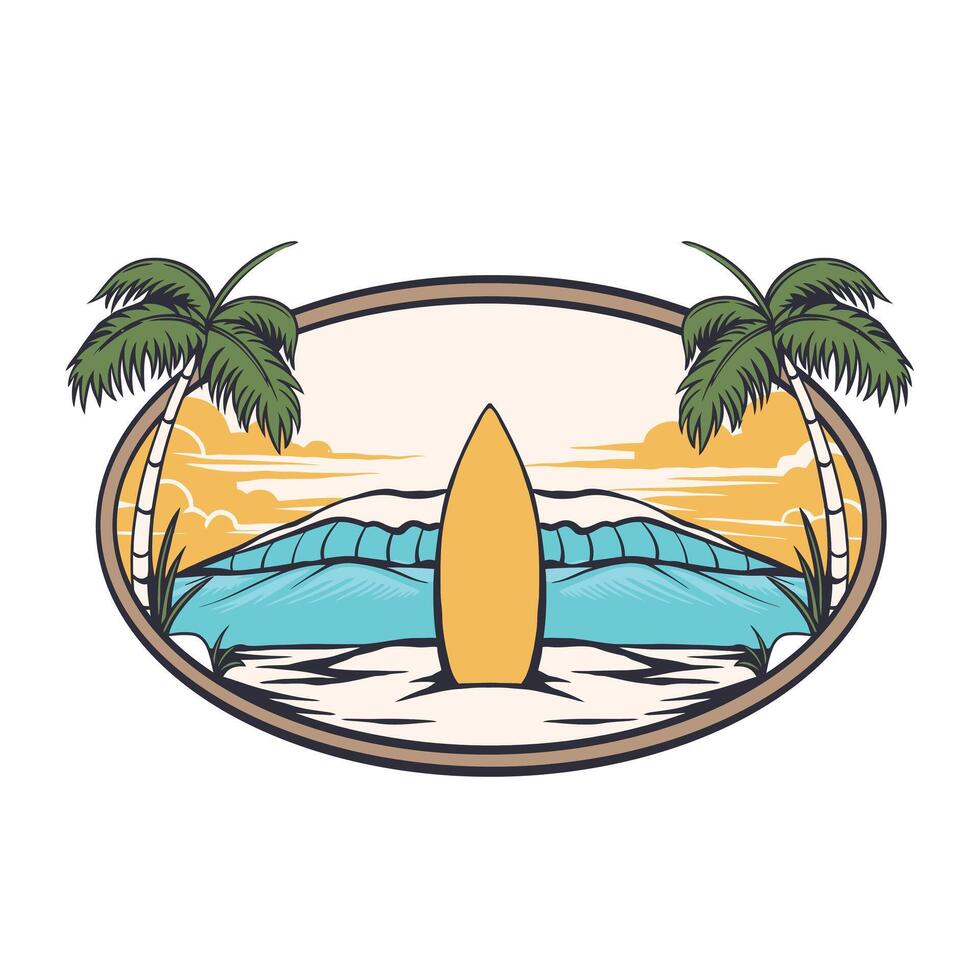 illustration of a beach with a surf board and trees as a frame vector