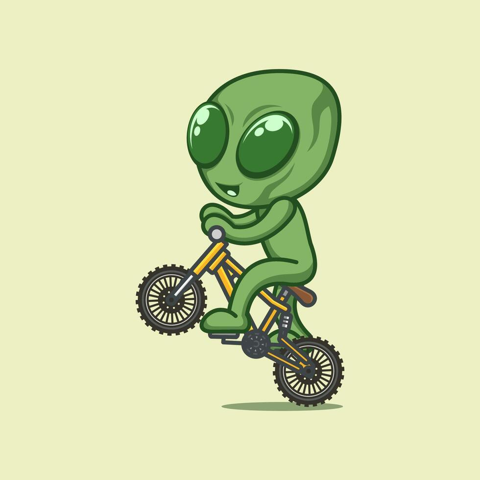 Cute cartoon aliens are playing bicycles vector