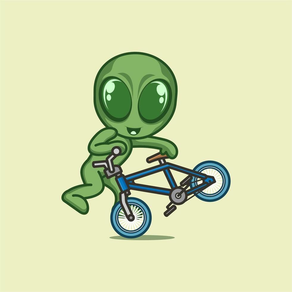 Cute cartoon aliens playing bicycles vector