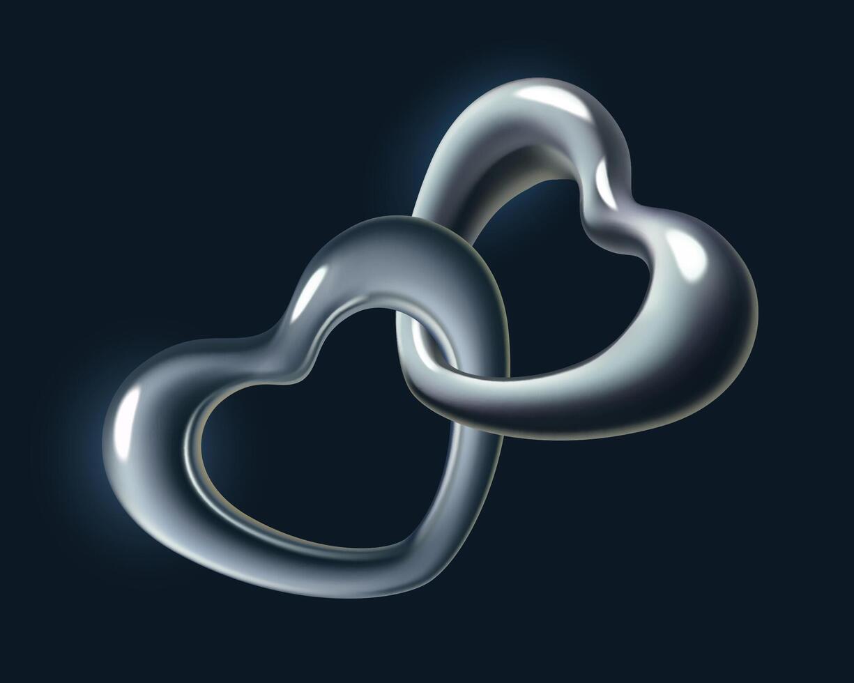 Chrome metal heart shape 3d realistic silver y2k design element vector