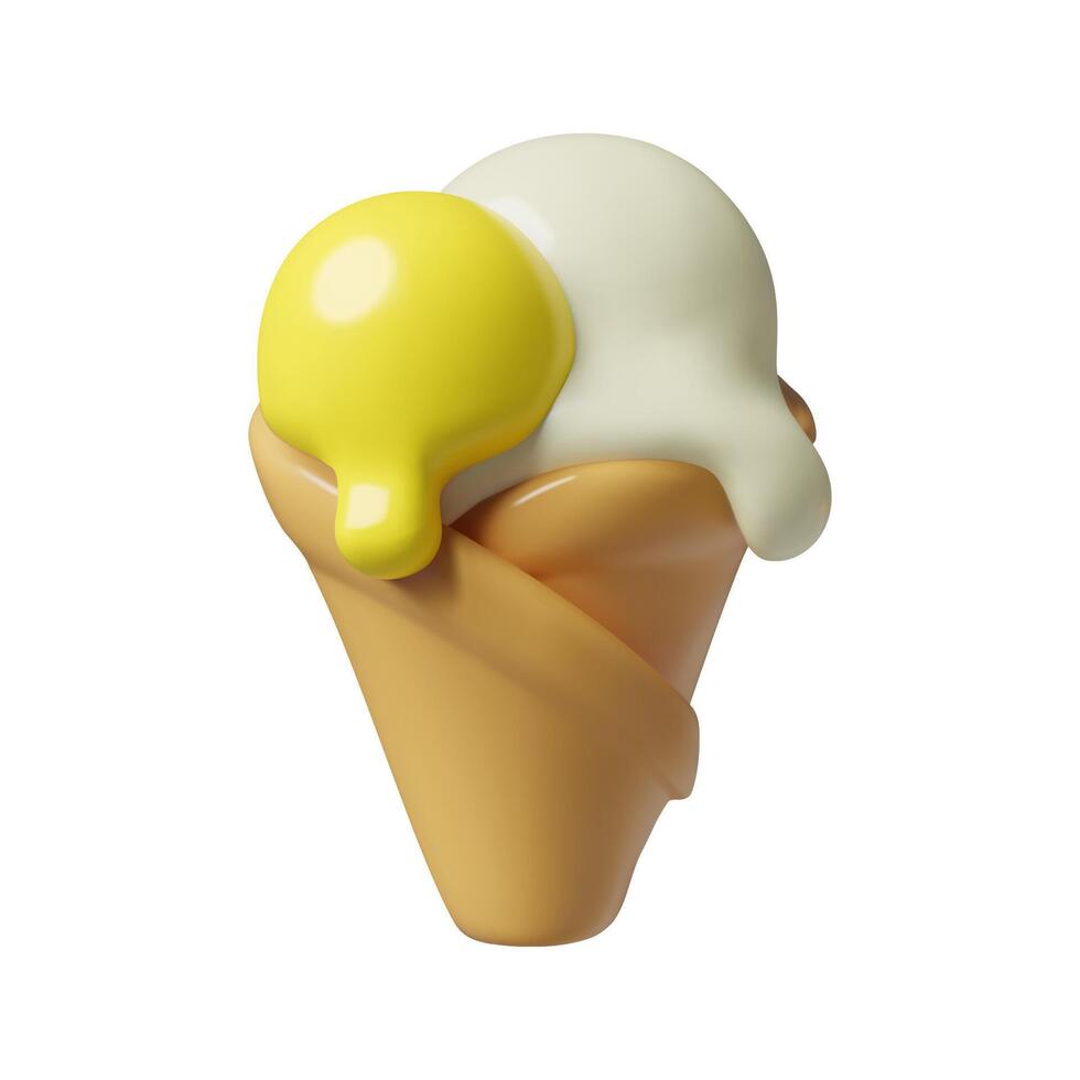 Yellow ice cream cone 3D style object with scoops of melting ice cream in waffle cup vector