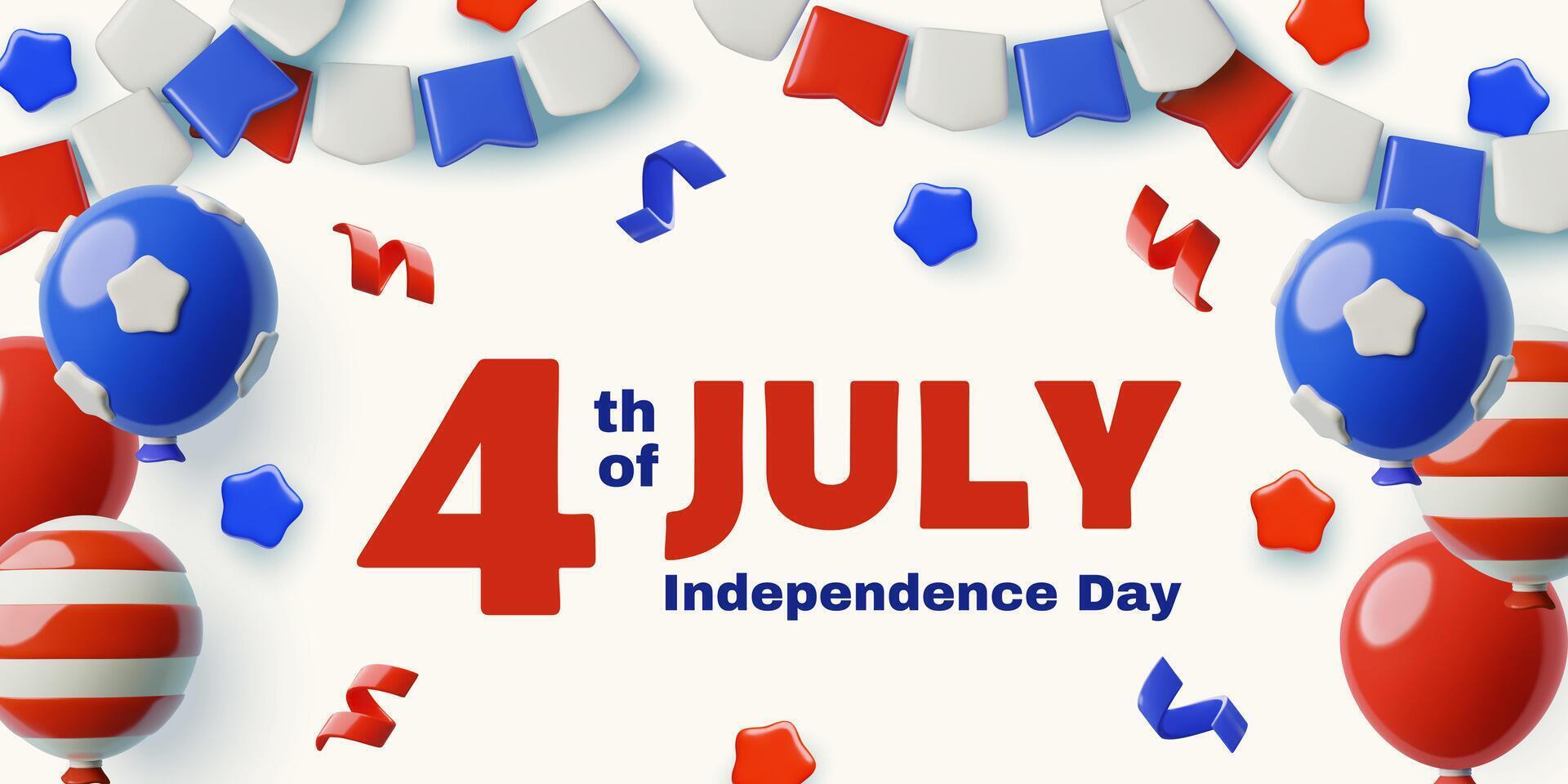 4th July banner design with blue, red and white 3d USA Independence Day holiday decorations vector