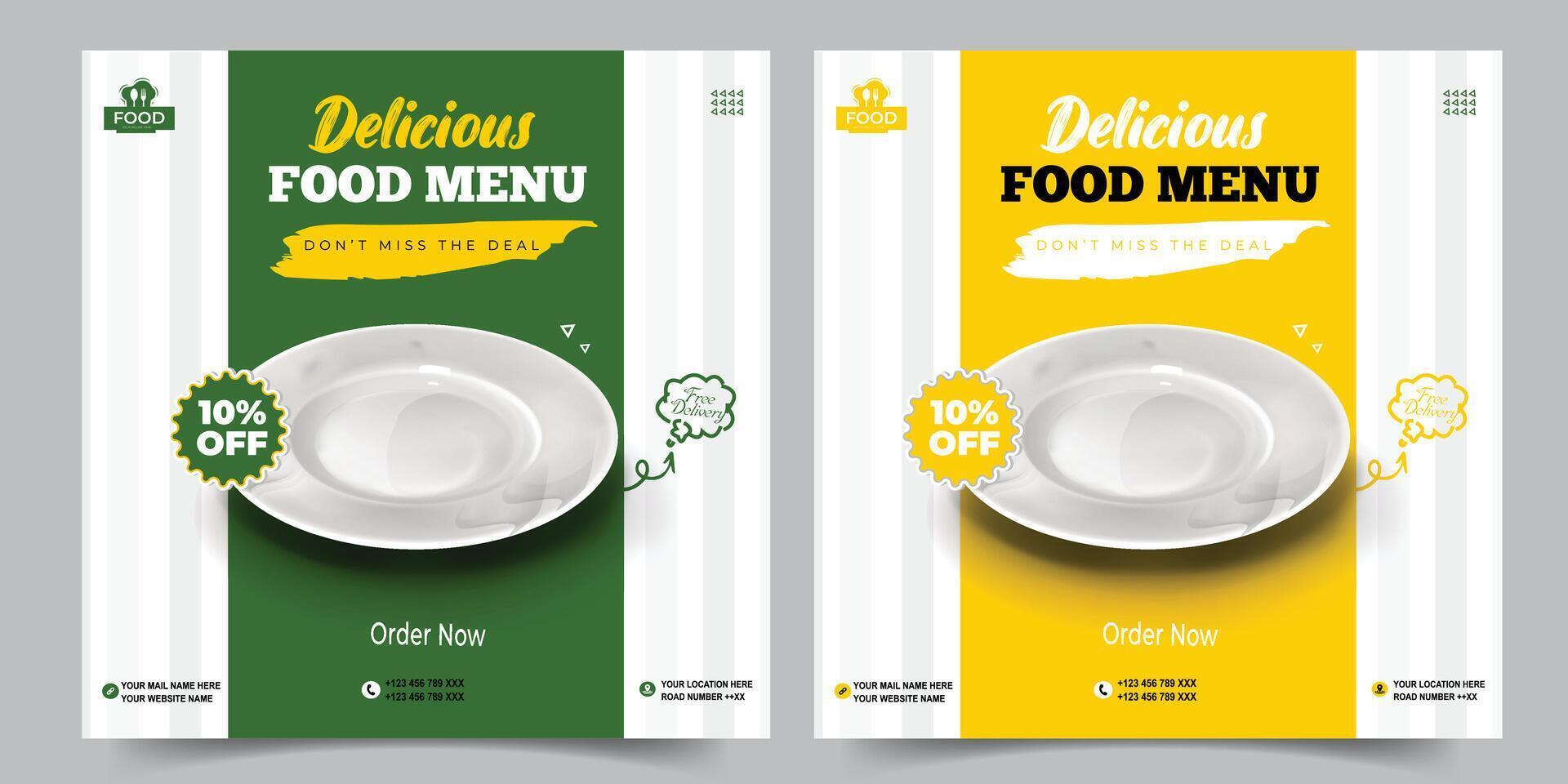 Fast food restaurant business marketing social media post or web banner template design with plate, abstract background. Fresh pizza, burger and pasta online sale promotion flyer or poster vector