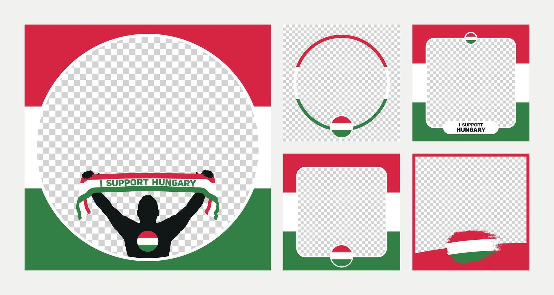 I support Hungary european football championship profil picture frame banner man silhouette with national flag scarf in hand for social media vector