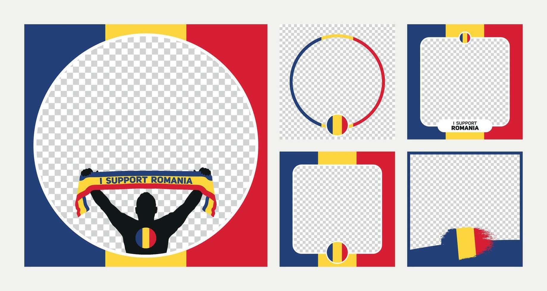 I support Romania european football championship profil picture frame banner man silhouette with national flag scarf in hand for social media vector