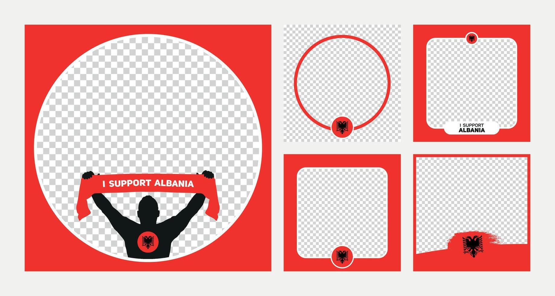 I support Albania european football championship profil picture frame banner man silhouette with national flag scarf in hand for social media vector