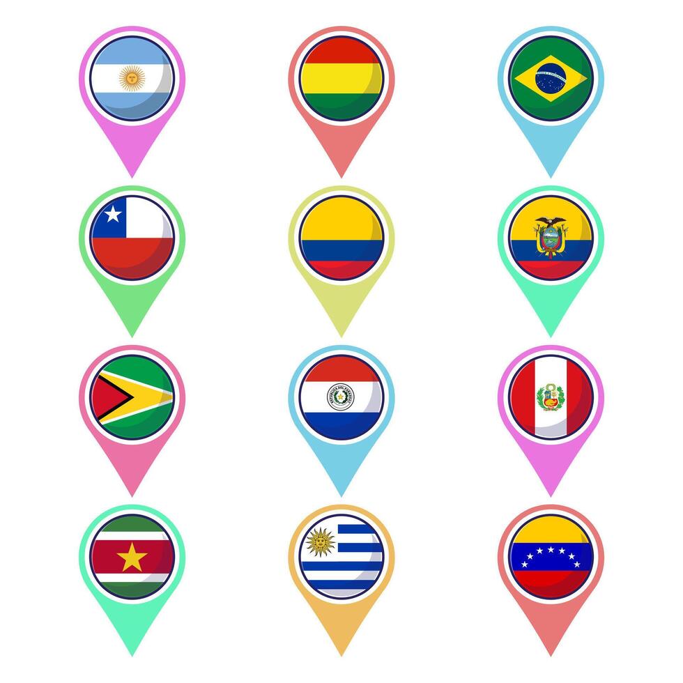 South american continent flags. Flat map element design, travel symbols, landmark symbols, geography and map flags emblem. vector